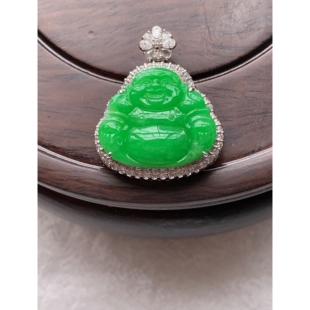 天然缅甸老坑翡翠a货18k金冰种满绿佛公翡翠吊坠玉挂件