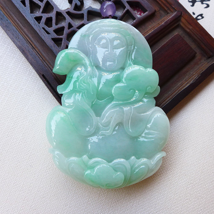 玉器之乡四会缅甸天然翡翠玉A货老坑精雕赐福观音翡翠吊坠  068