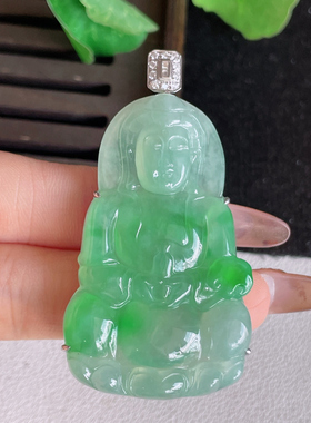 翡翠a货18K金冰种满绿观音菩萨吊坠尺寸59.2-51.2-31.3-8重19.51g