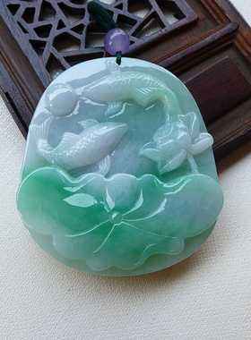 玉器之乡四会缅甸天然翡翠玉A货老坑精雕连年有余翡翠吊坠  088