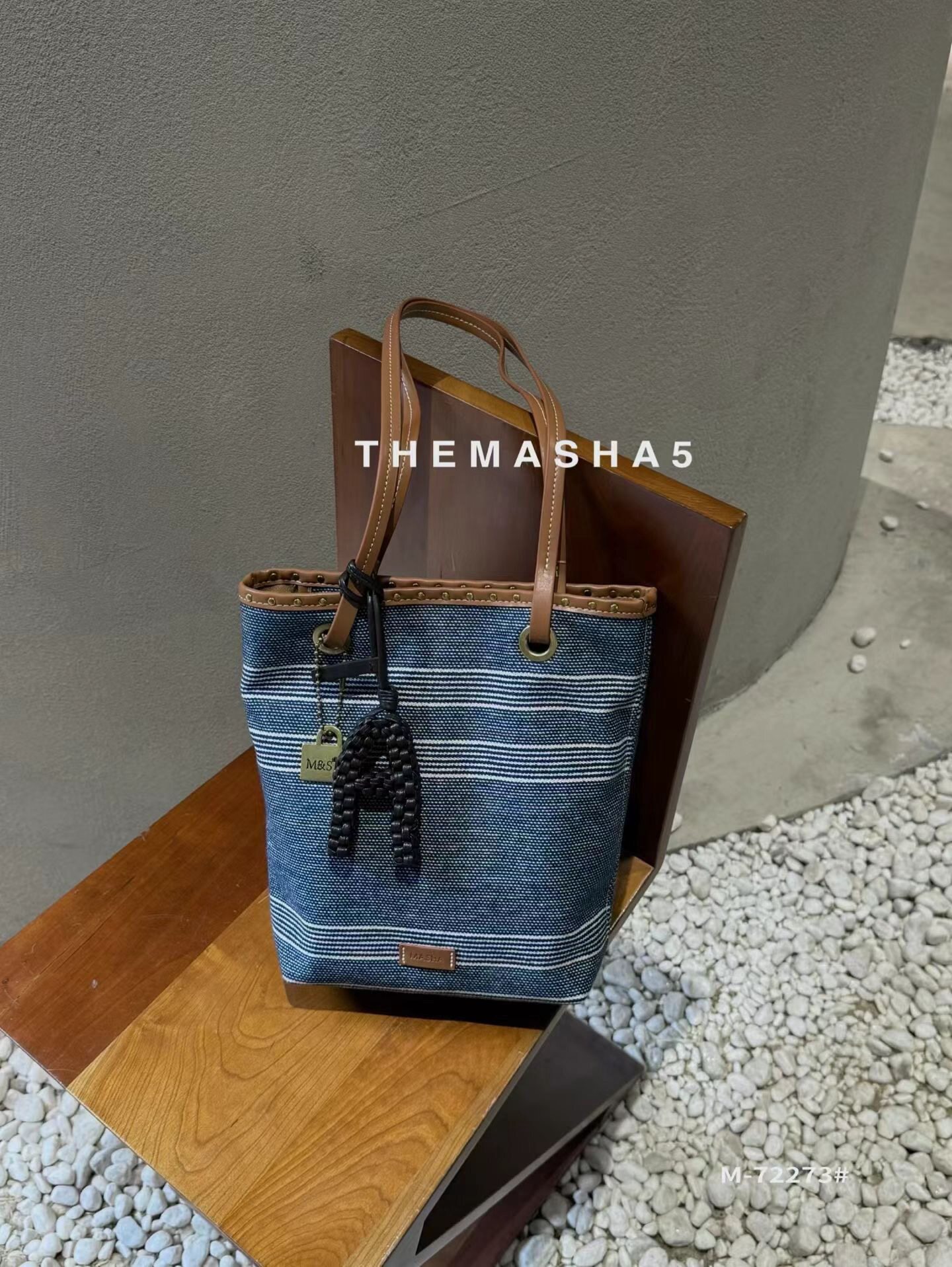 正品玛莎女包 牛仔条纹撞色单肩水桶包 设计师款 休闲通勤母子包