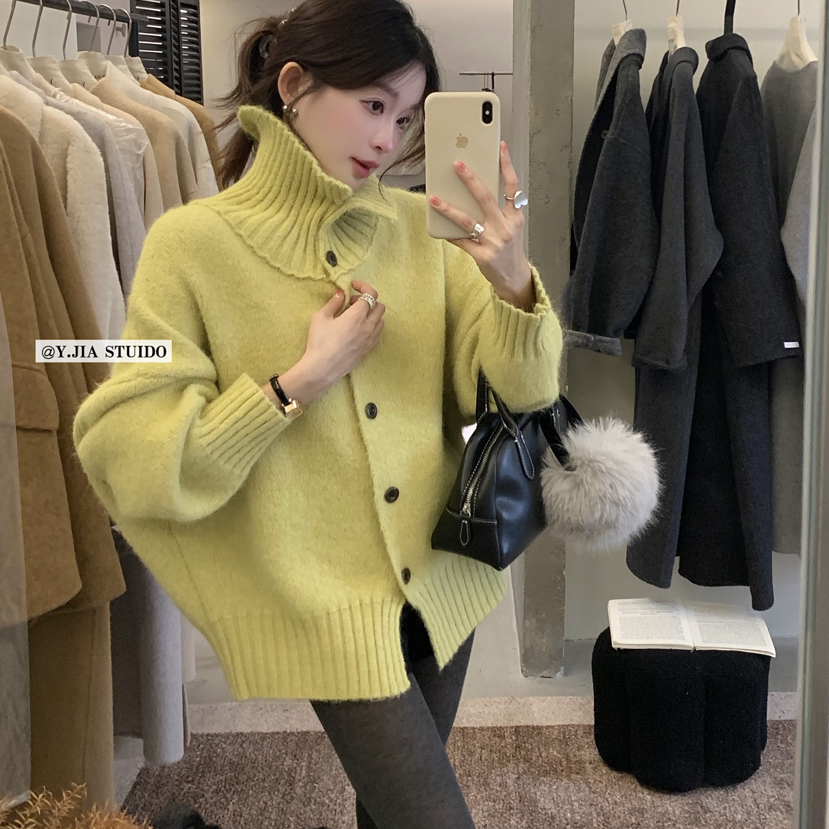 复古气质高级立领单排扣纯色发财款百搭针织毛衣毛衣1168-55