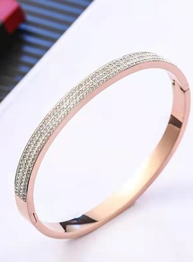 日韩新款时尚个性钛钢镀玫瑰金三排钻手镯女韩版手环简约饰品首饰
