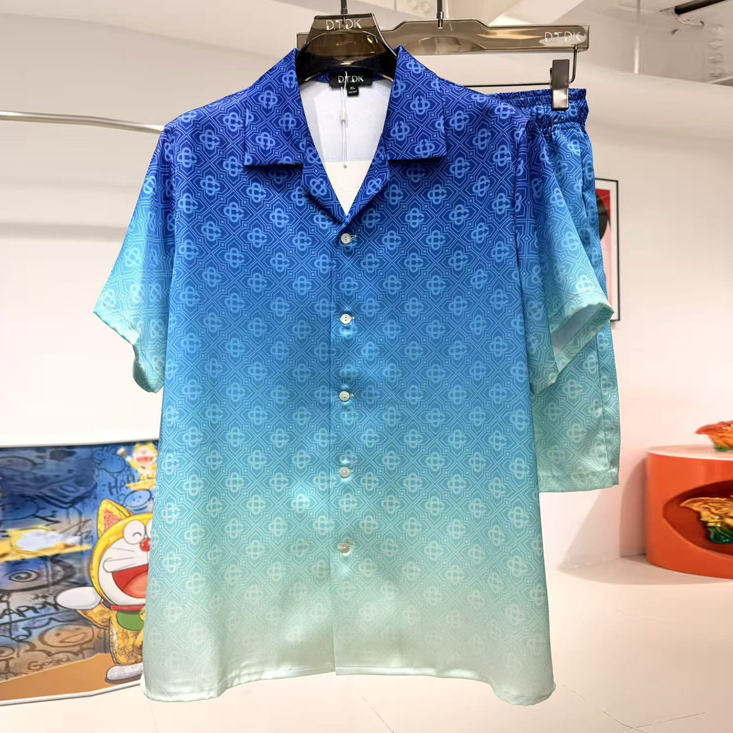 玫瑰贡缎睡衣男士新款夏季情侣高端度假风印花短袖家居服冰丝套装