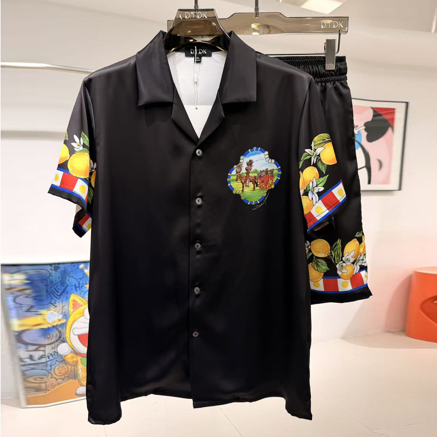 玫瑰贡缎睡衣男士新款夏季情侣高端度假风印花短袖家居服冰丝套装