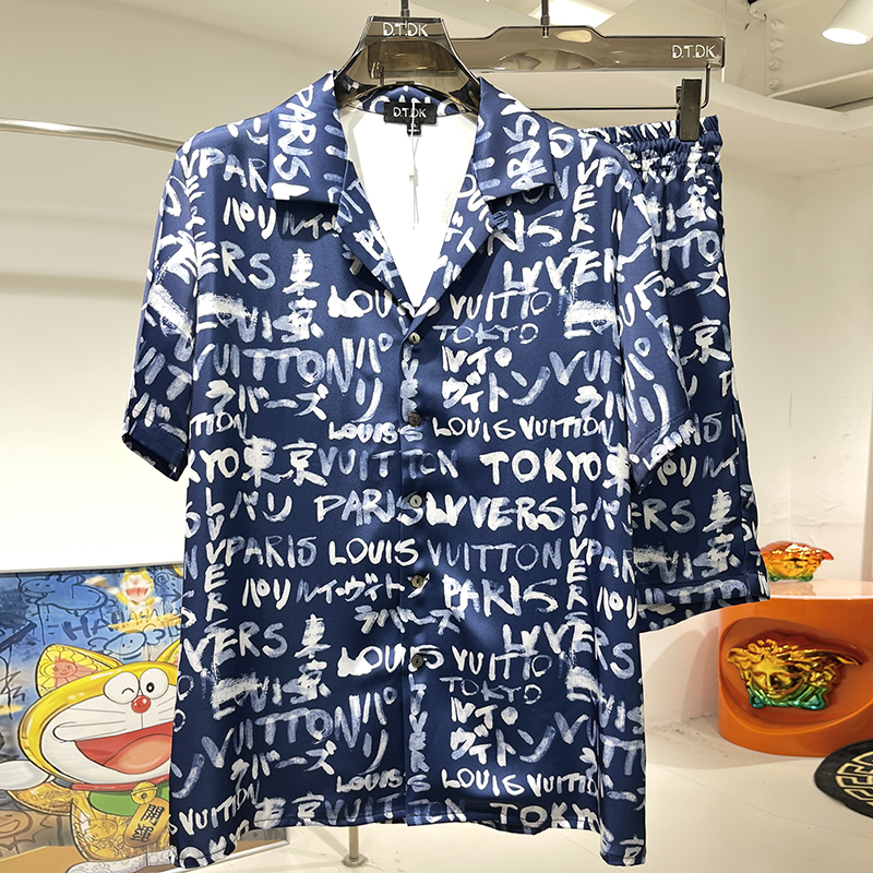 玫瑰贡缎睡衣男士2025年夏季情侣高级感字母印花短袖家居冰丝套装