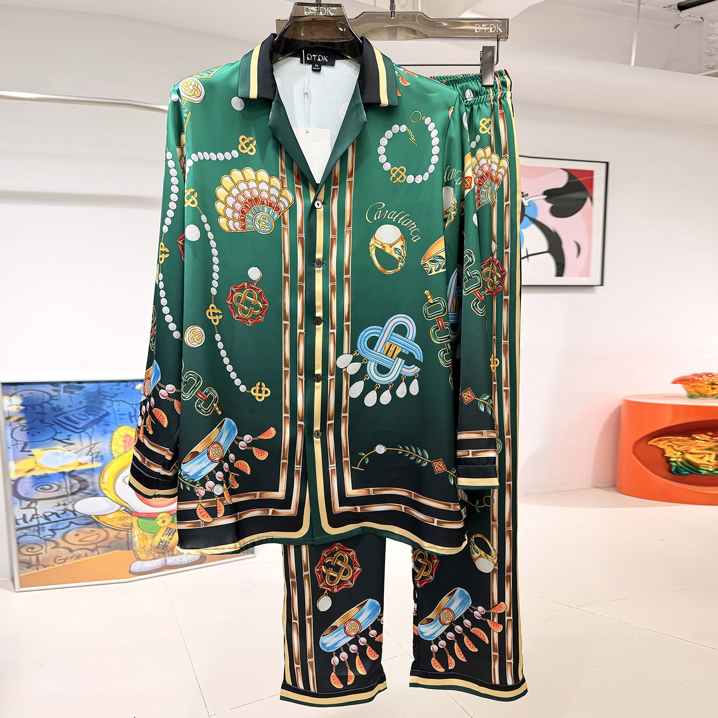 玫瑰贡缎睡衣男士新版春秋情侣高端度假风印花长袖家居服冰丝套装