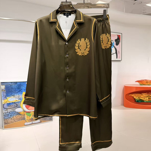 玫瑰贡缎睡衣男士新版春秋情侣高端度假风印花长袖家居服冰丝套装