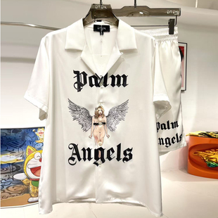 玫瑰贡缎睡衣男2025年夏季情侣高端卡通白色印花短袖家居冰丝套装