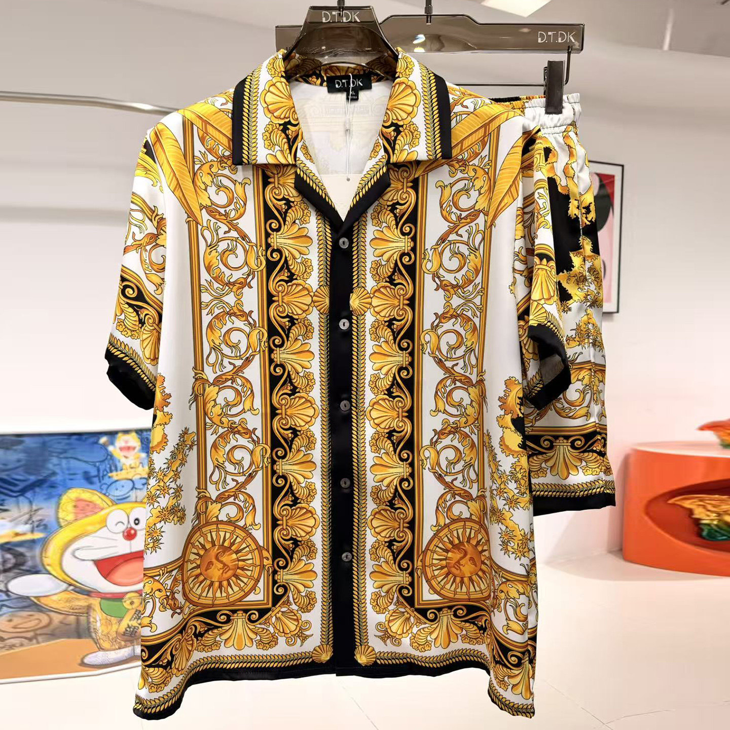 玫瑰贡缎睡衣男2026年新夏季情侣高端印花短袖家居服轻奢冰丝套装