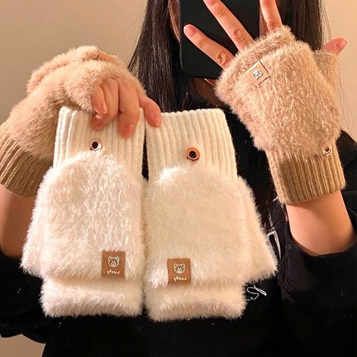 YM露指可翻盖半指白色毛绒手套女