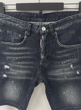 3007夏D2牛仔裤Dsquared2牛仔裤男装水洗磨破洞补丁油漆牛仔短裤