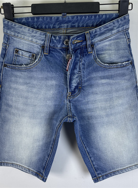 D602夏Dsquared2牛仔裤男装D2破洞补丁油漆修身蓝色牛仔短裤男