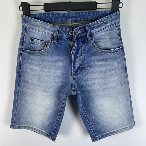 D602夏Dsquared2牛仔裤男装D2破洞补丁油漆修身蓝色牛仔短裤男