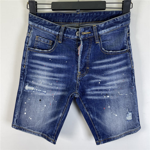 D601夏Dsquared2牛仔裤男装D2五分裤磨破洞补丁小脚蓝色牛仔短裤