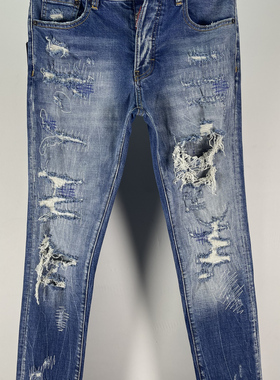 6065四季Dsquared2牛仔裤男装磨破洞补丁油漆小脚蓝色D2牛仔裤男