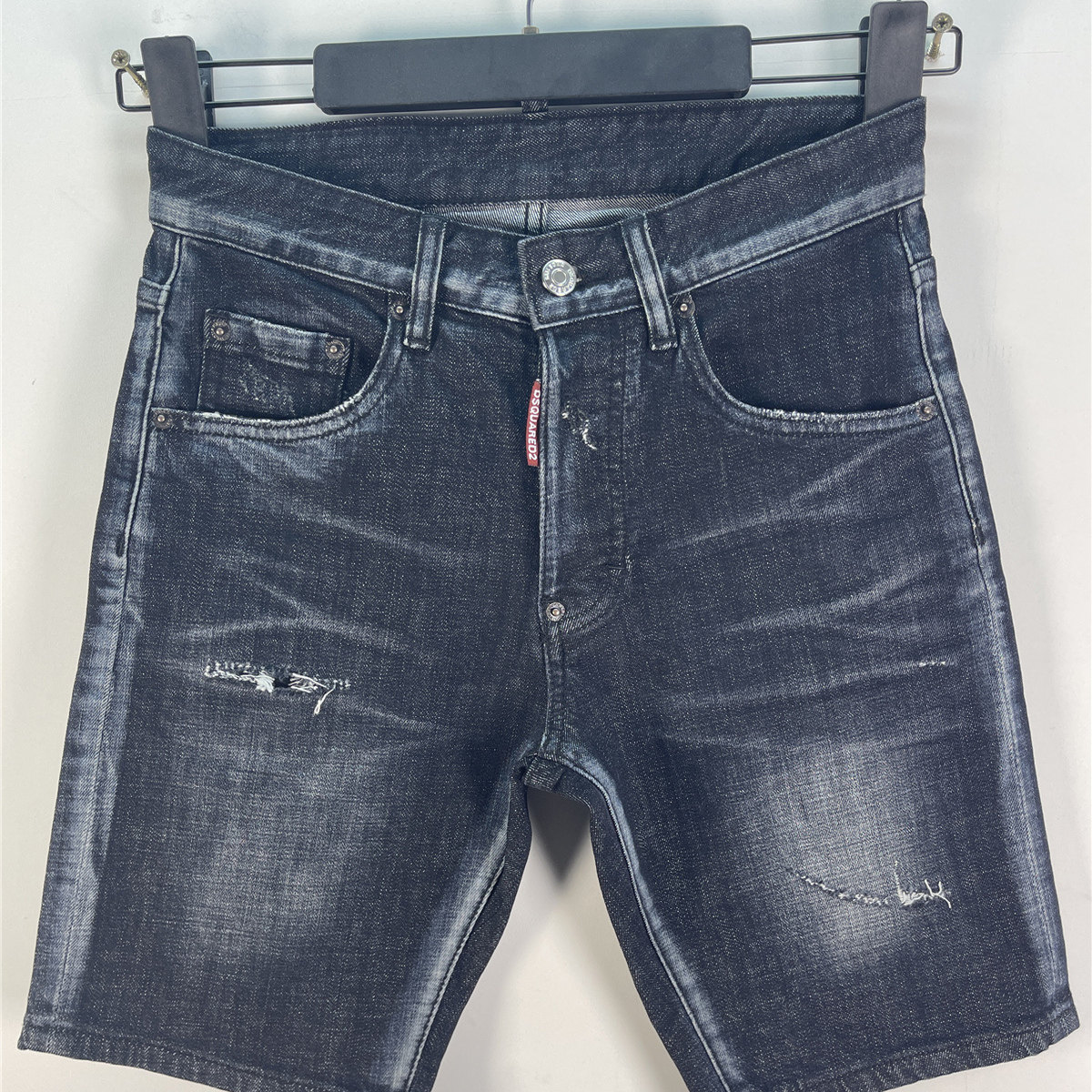 D603春夏新款D2潮男水洗磨破洞补丁泼墨修身黑色牛仔短裤男五分裤