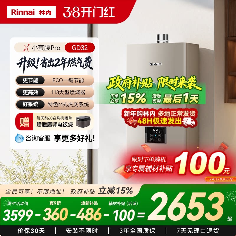 [小蛮腰Pro恒温节能]林内燃气热水器家用天然气洗澡13升16升GD32