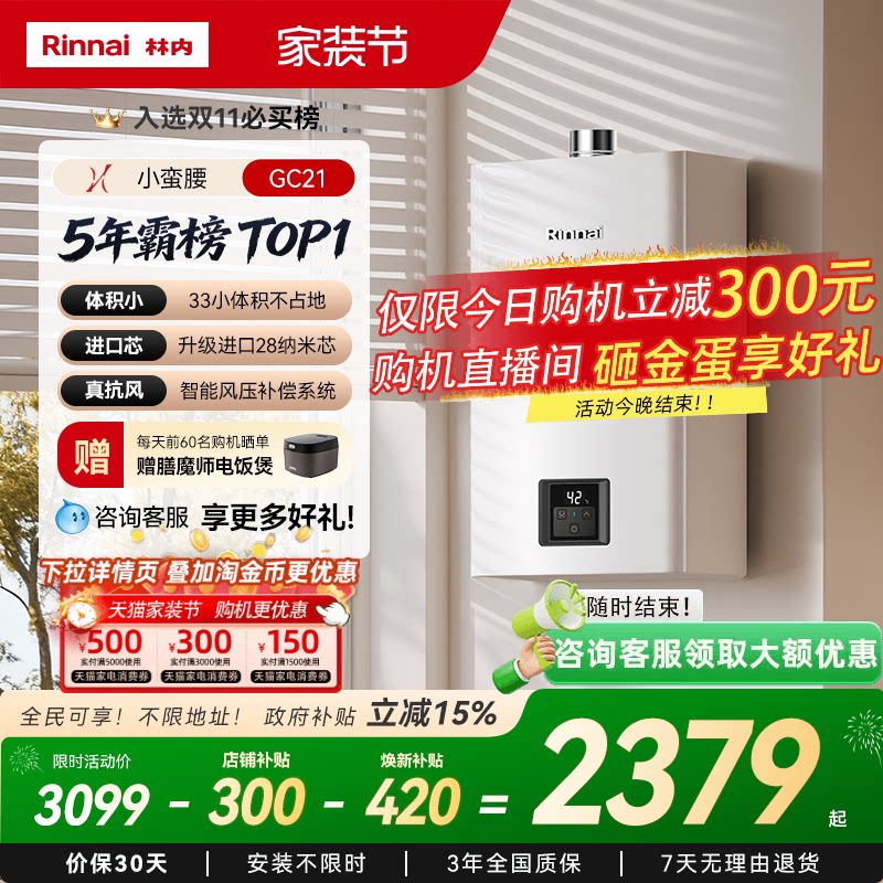 [小蛮腰恒温]林内燃气热水器家用天然气安全洗澡官方13升16升G