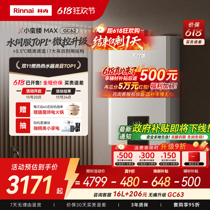 [小蛮腰MAX水伺服]林内燃气热水器GC62家用天然气13/16/20升恒温