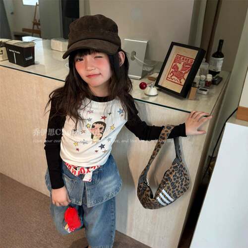 乔伊思童装女童长袖T恤2026秋款韩版卡通插肩袖星星女孩撞色打底