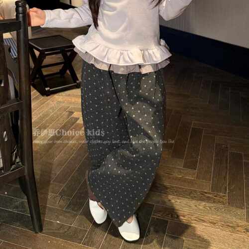 乔伊思童装女童裤子2026冬款拼花边爱心裤女宝宽松阔腿休闲长裤潮
