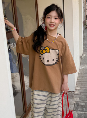 乔伊思童装童装女童短袖2026年春款KT猫亲肤宽松洋气儿童亲子T恤