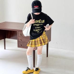 乔伊思童装女童短袖T恤2025夏季美式字母黑色黄格子百褶裙两件套