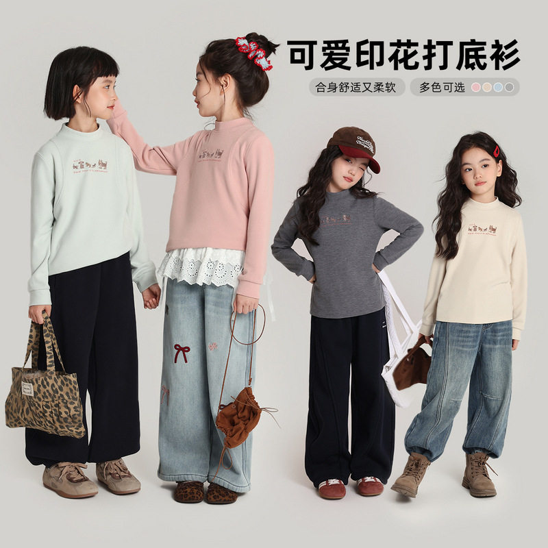 乔伊思童装女童可爱卡通打底衫2025冬季新款百搭半高领长袖t恤
