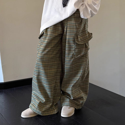 乔伊思童装女童裤子2026秋款男中性款复古绿格纹大口袋工装裤长裤