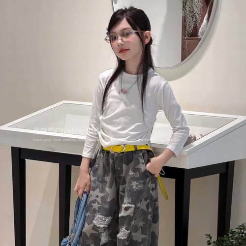 乔伊思童装女童长袖T恤抽绳收腰打底衫细闪钻修身儿童辣妹风上衣