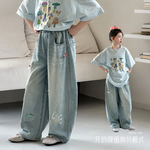 乔伊思童装女童宽松直筒裤卡通刺绣浅蓝色长裤春夏装薄款休闲裤子