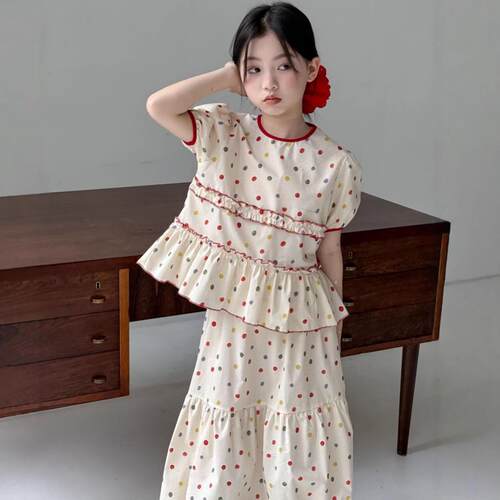 乔伊思童装女童套装夏甜美波点泡