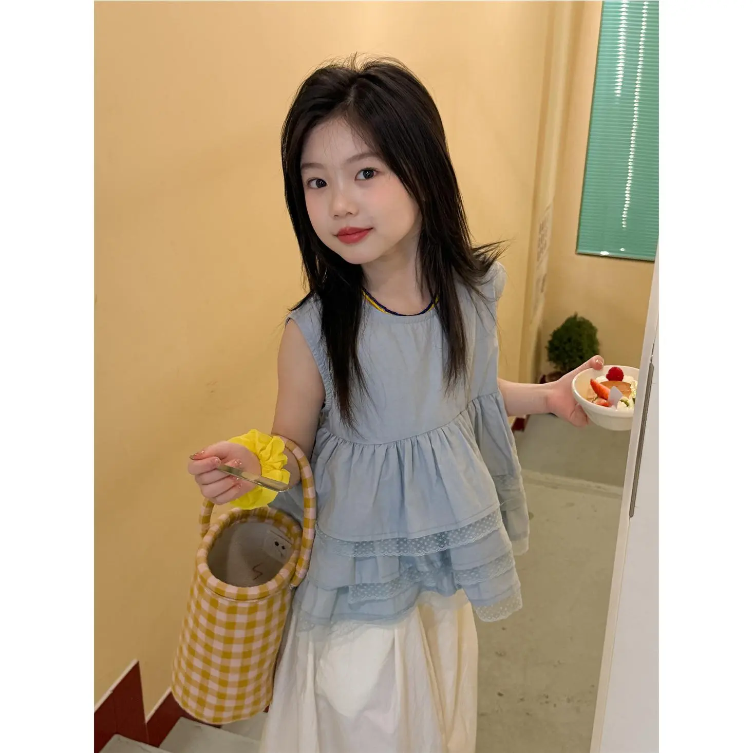 乔伊思童装女童小衫夏季2025新款无袖蕾丝花边甜美儿童T恤上衣潮