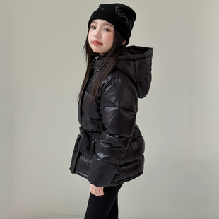 乔伊思童装冬季韩版女童新国标90白鸭绒收腰系带中长款羽绒服外套