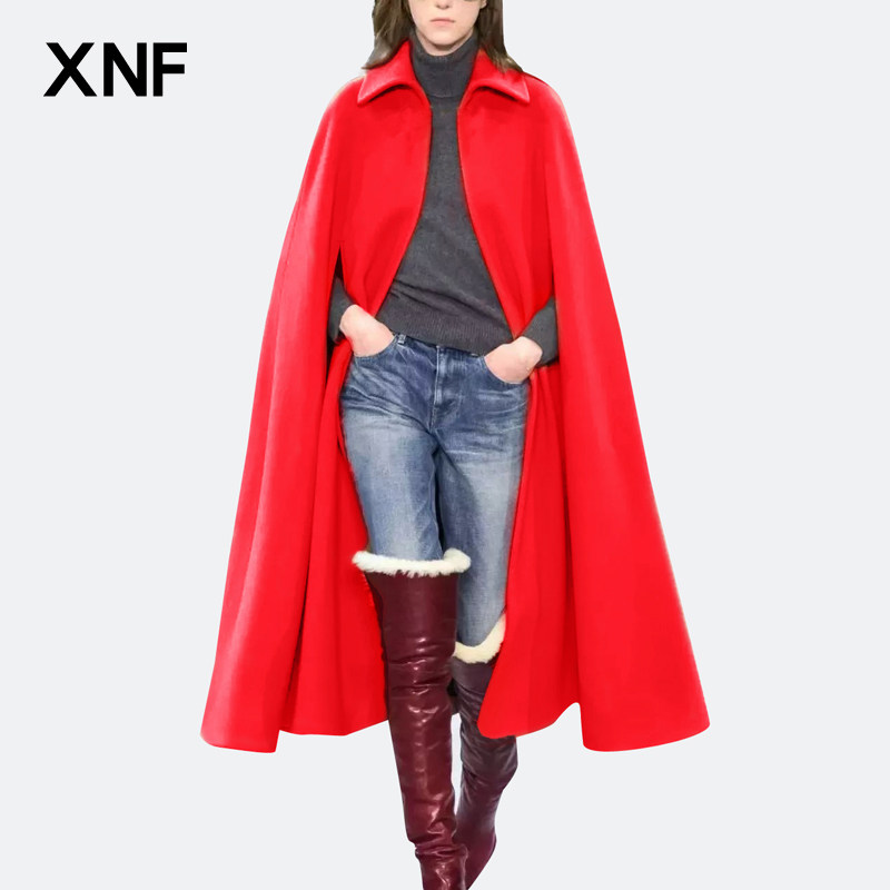 原创欧美个性长款插肩袖红色羊绒斗篷女polp领时尚百搭大衣披风冬