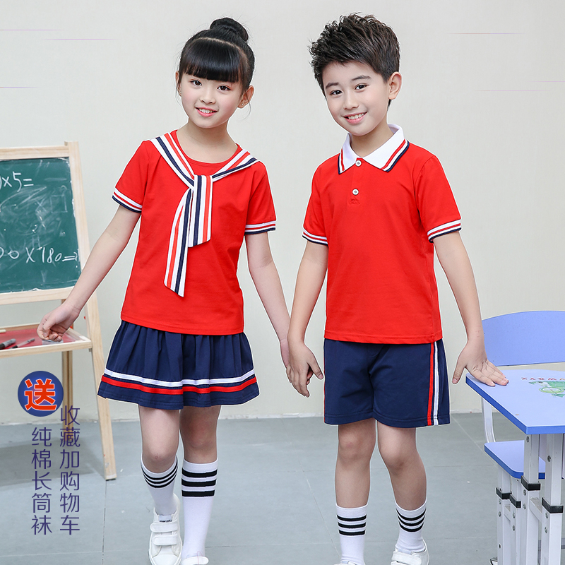 中小学生校服幼儿园园服夏季英伦儿童合唱服男女班服纯棉红色套装