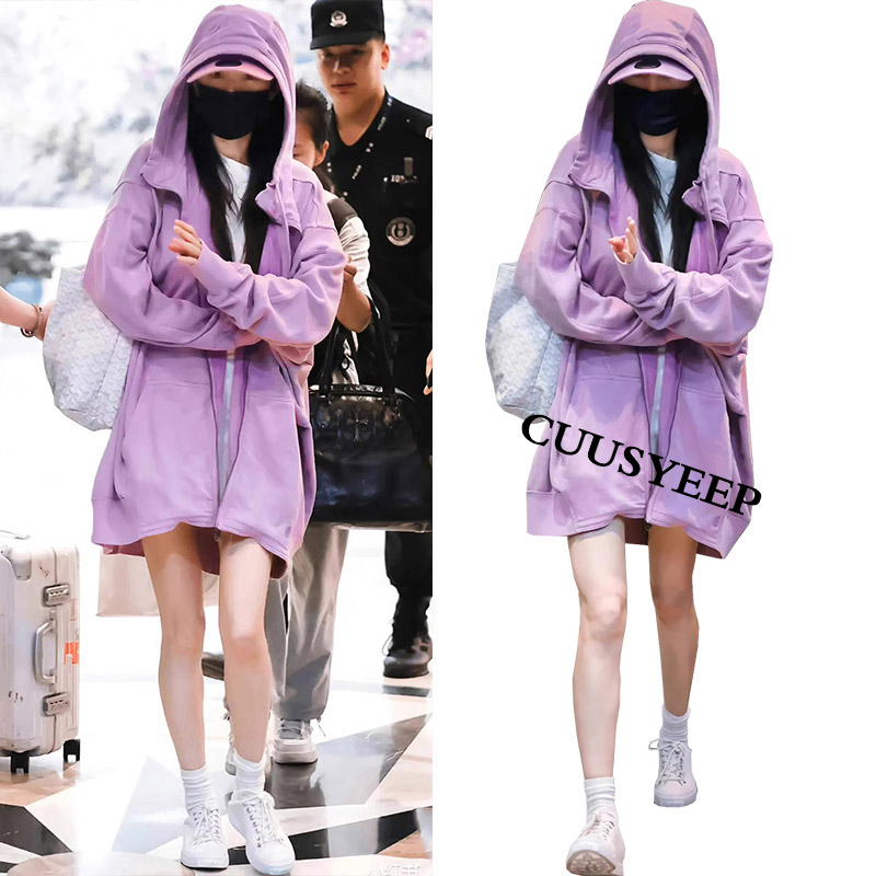 明星同款粉紫色连帽保暖卫衣外套