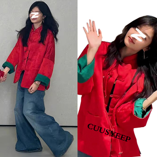 SQ明星同款轻奢超好看盘扣新中式红色外套气质复古休闲衬衫上衣女