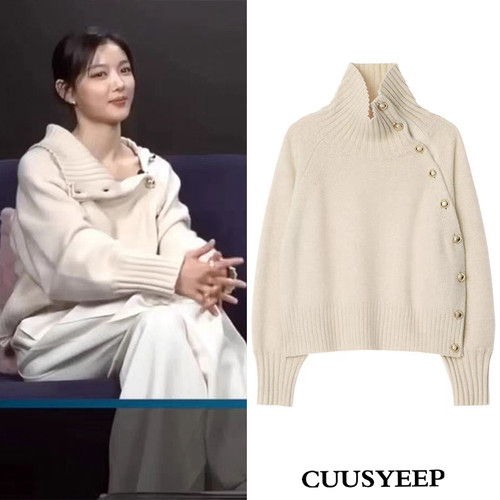 金裕贞同款松弛风不对称高领毛衣