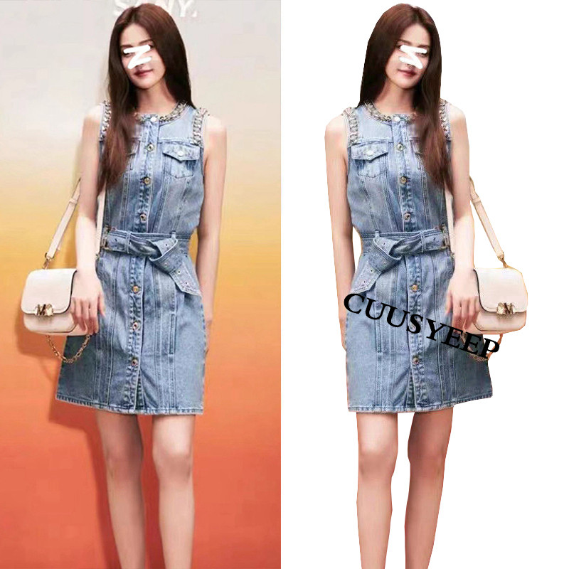 无袖牛仔链条轻奢背带牛仔连衣裙