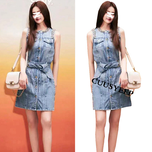 无袖牛仔链条轻奢背带牛仔连衣裙