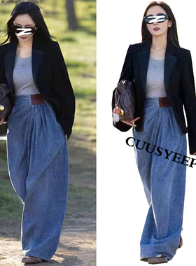YM明星同款复古褶皱水洗牛仔裤女设计感不规则宽松阔腿御姐风长裤