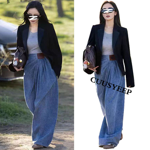 YM明星同款复古褶皱水洗牛仔裤女设计感不规则宽松阔腿御姐风长裤