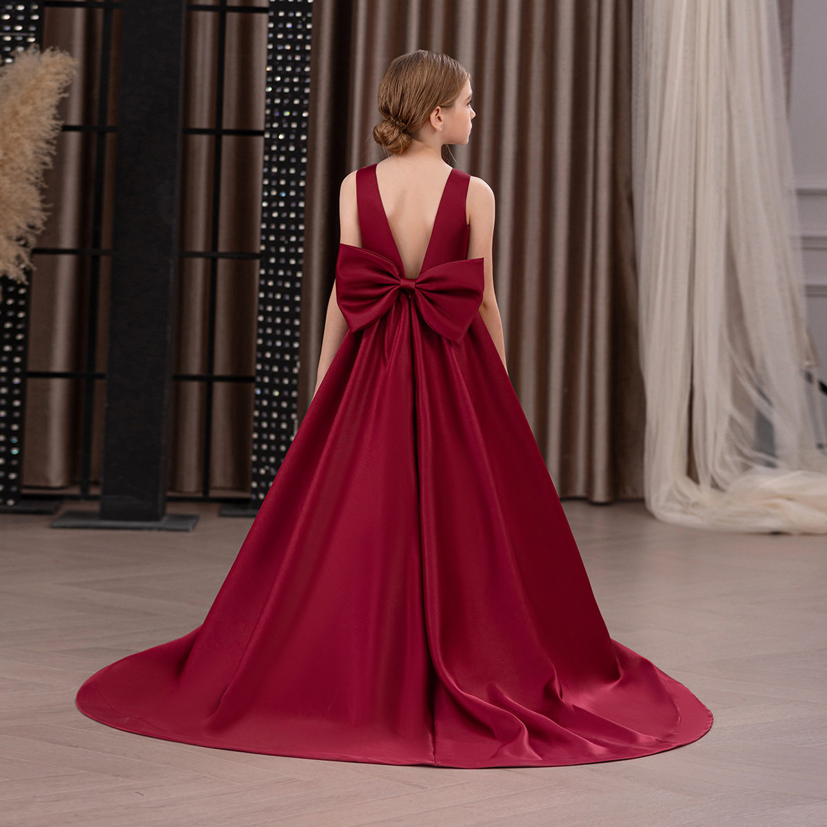 花童拖尾女童红色缎面礼服儿童长款公主裙主持人钢琴演出服长裙子