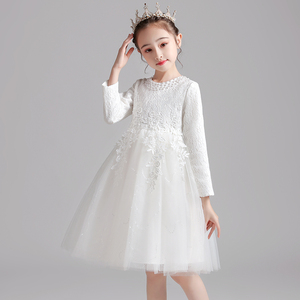 女童蓬蓬白纱裙子春秋长袖儿童公主裙小女孩粉色礼服连衣裙演出服