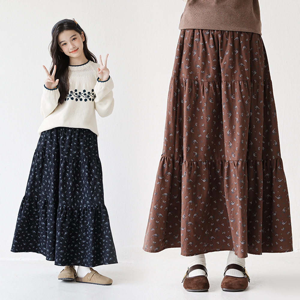 韩版中大童复古长款半身裙女童秋冬装加厚儿童大摆碎花蛋糕长裙子