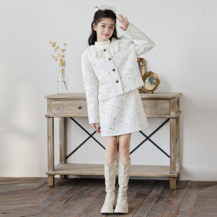 女童白色小香风套装春秋冬季中大童洋气短款外套半身裙两件套裙子