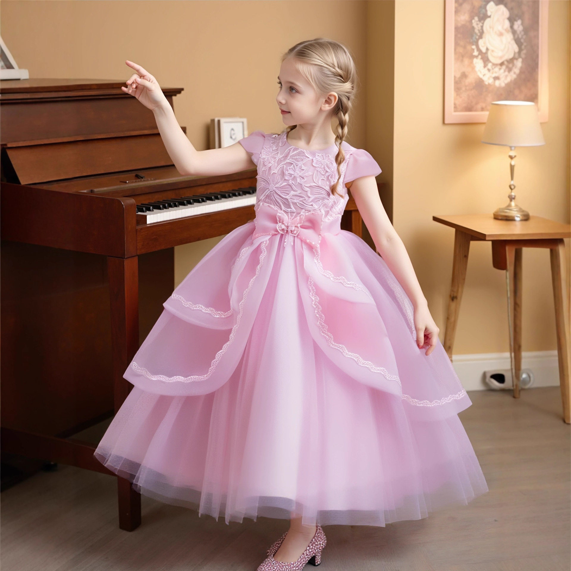 女童白色婚纱公主裙儿童长款礼服连衣裙中大童钢琴舞蹈表演服夏季