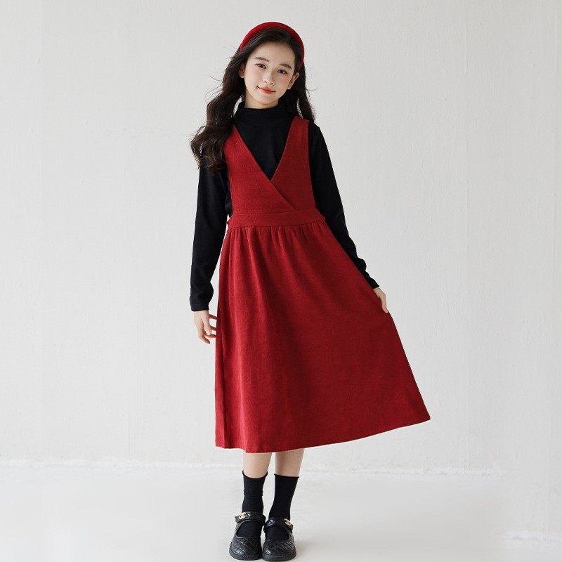 韩版中大童女装女童背心裙套装春秋冬长袖连衣裙女孩红色新年裙子